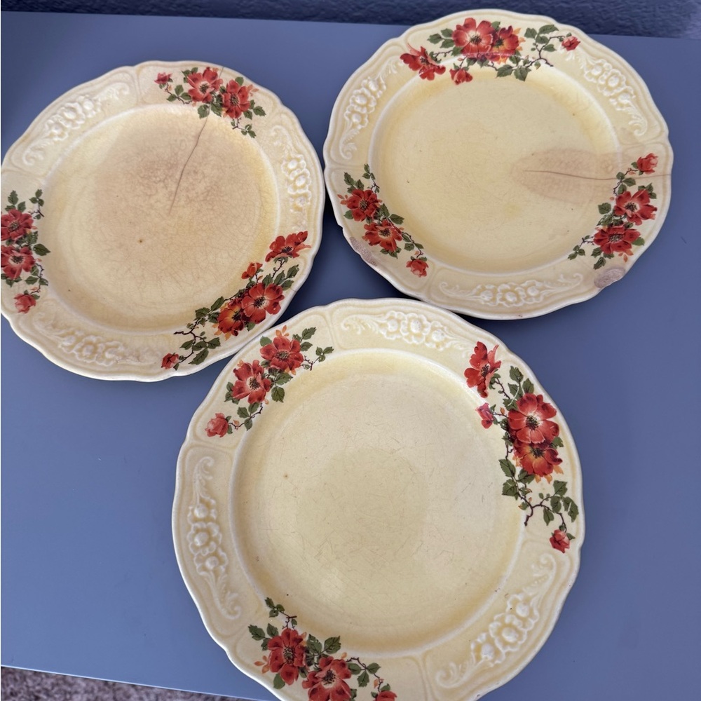 Antique ROMA 1950’s Yellow W/ Red Floral Pattern Salad Plates. 3 for 1 price.